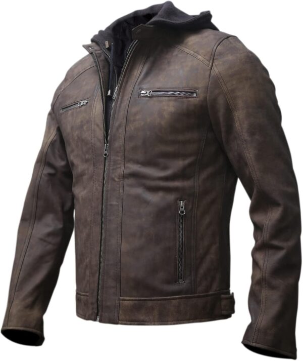 Men's Genuine Lambskin Leather Motorcycle Jacket with Removable Hood in Black Brown