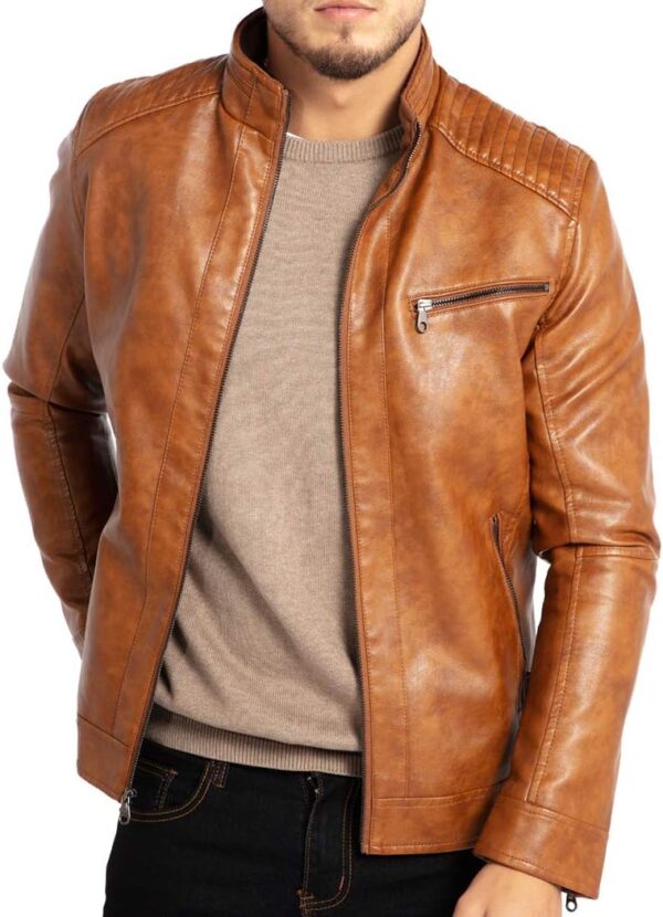 Men's Stand Collar Leather Jacket Motorcycle Lightweight Faux Leather Outwear