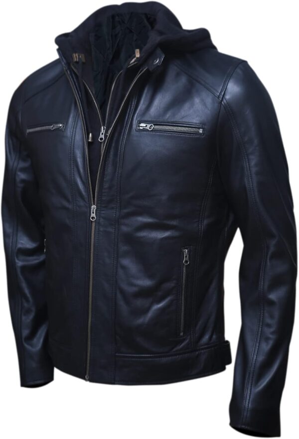 Men's Genuine Lambskin Leather Motorcycle Jacket with Removable Hood in Black Brown