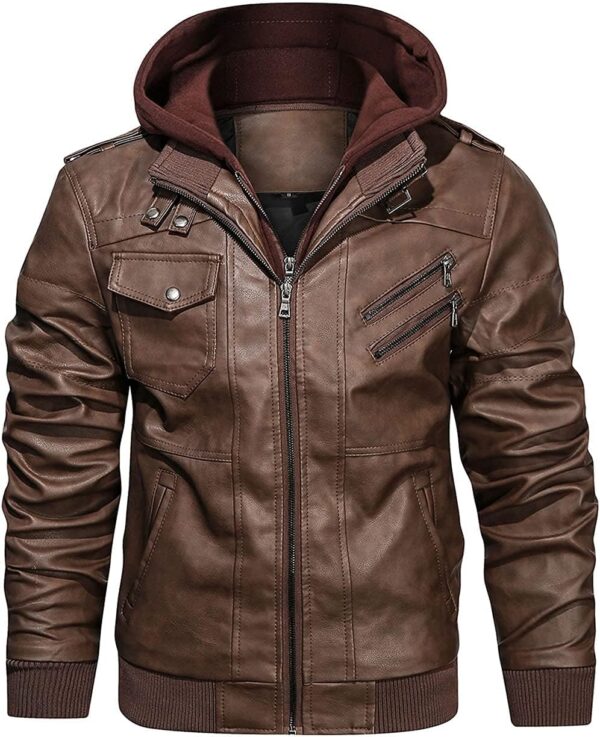 Men’s Casual Stand Collar  Faux Leather Zip-Up Motorcycle Bomber Jacket With a Removable Hood