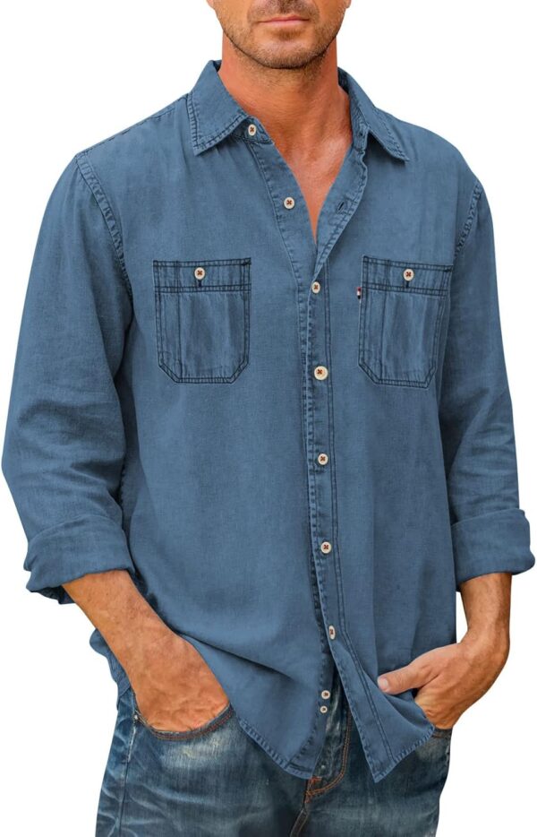 Men's Button Down Shirts Denim Long Sleeve Casual Loose Shirt Tops with Pockets