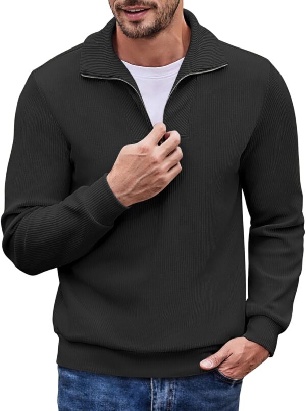 Men's Quarter Zip Up Pullover Slim Fit Mock Neck Long  Sweaters Casual Corduroy Polo Sweatshirt
