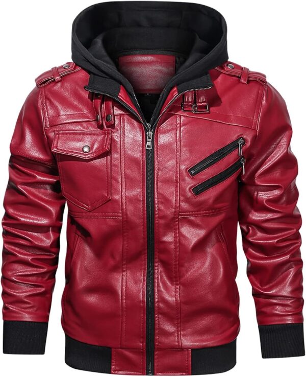 Men’s Casual Stand Collar  Faux Leather Zip-Up Motorcycle Bomber Jacket With a Removable Hood