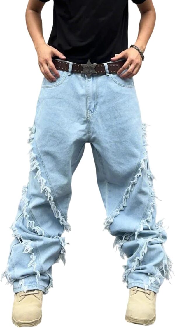 Men's Baggy Jeans Street Rock Style Fringe Frayed Edges Jeans Patchwork Wide Leg Skater Denim Pant