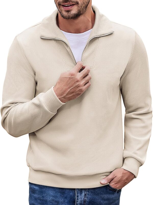 Men's Quarter Zip Up Pullover Slim Fit Mock Neck Long  Sweaters Casual Corduroy Polo Sweatshirt